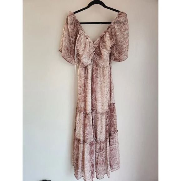 NWT By Anthropologie Short-Sleeve Tiered Midi Dress Size S Neutral 9B411 - Picture 2 of 12